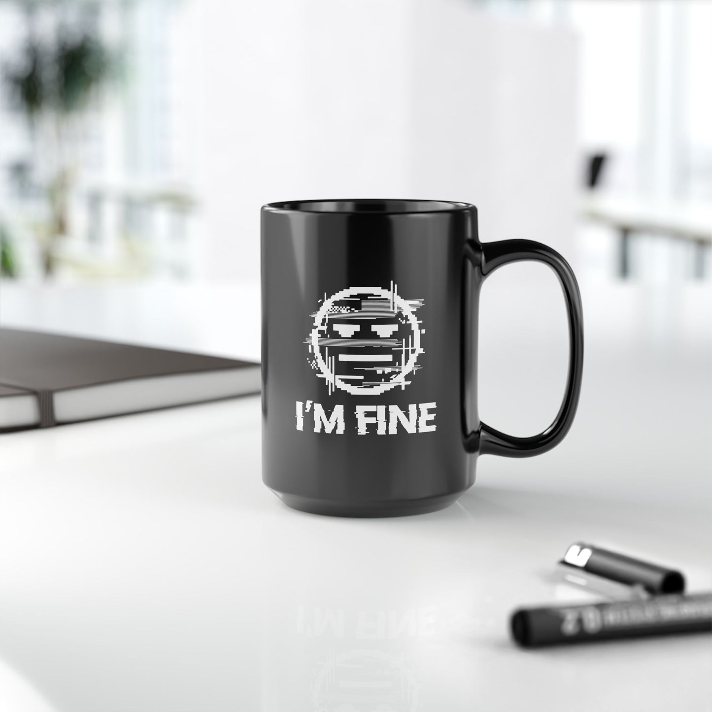 I’m Fine Glitched Smiley - Black Mug