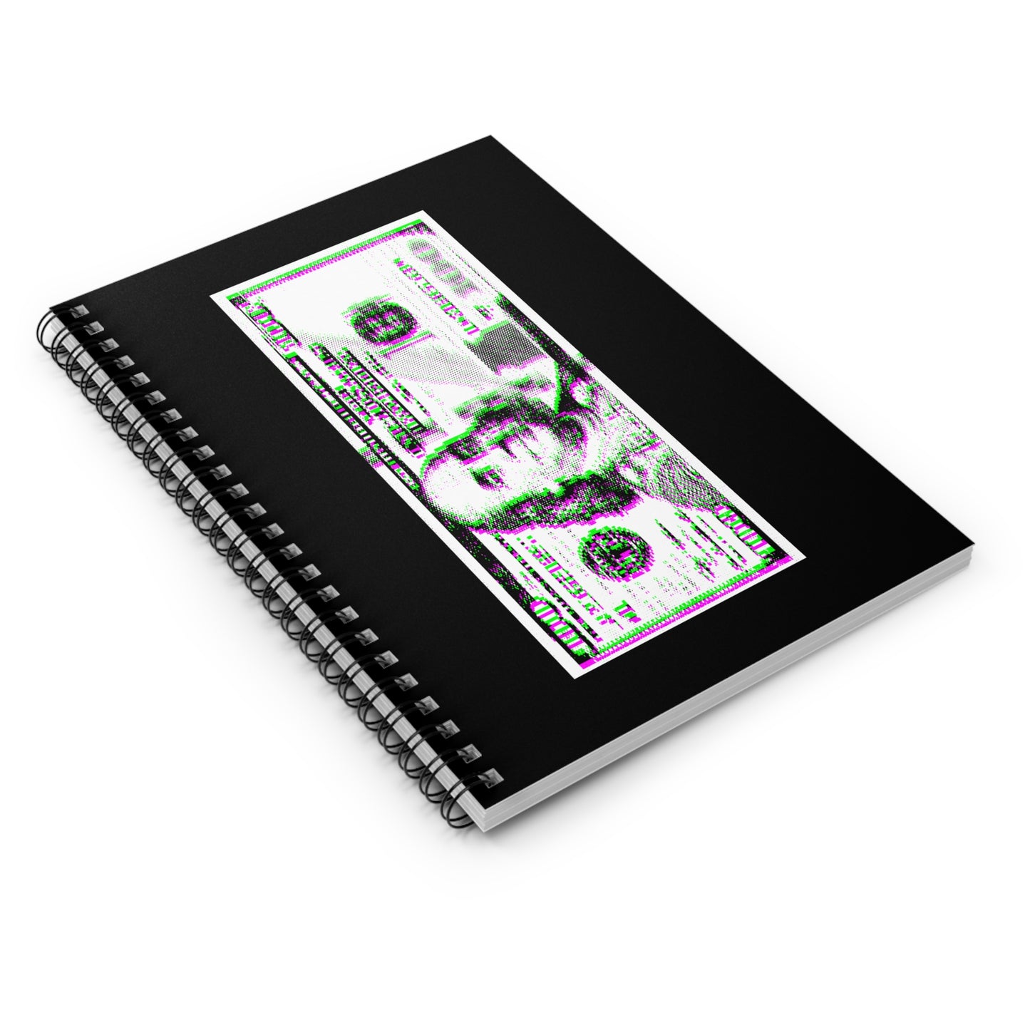 100 Dollars Bill - Green/Magenta Glitch - Spiral Notebook