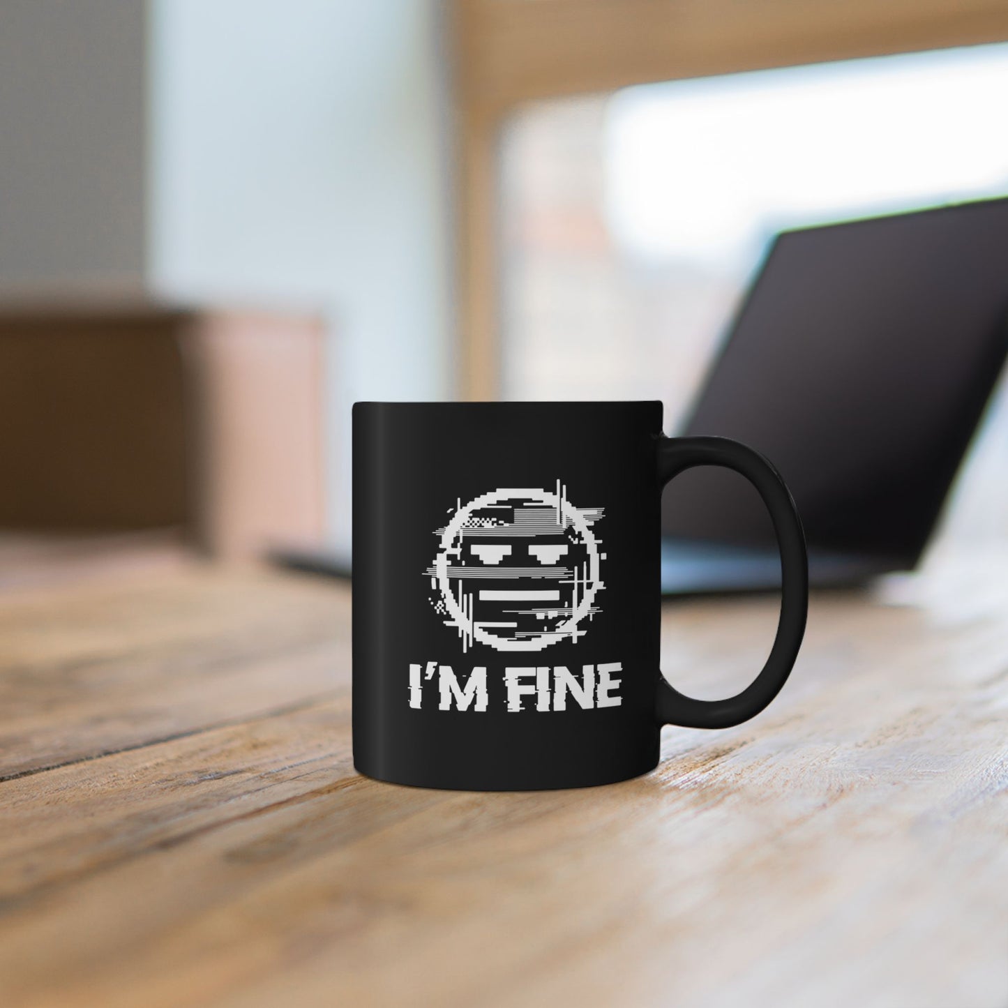 I’m Fine Glitched Smiley - Black Mug