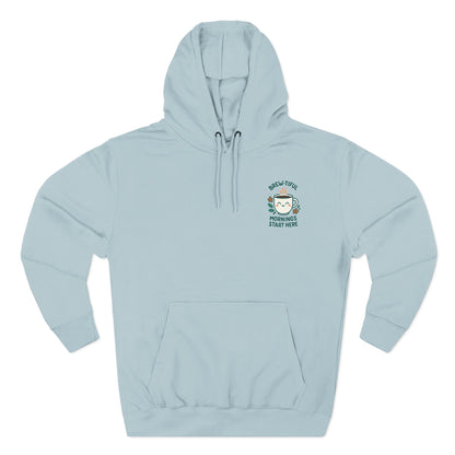 Brew-tiful Mornings Start Here, Cozy Three-Panel Fleece Hoodie, Perfect for Fall, Casual Outfit, Gift for Her, Layering Essential, Relaxed Style