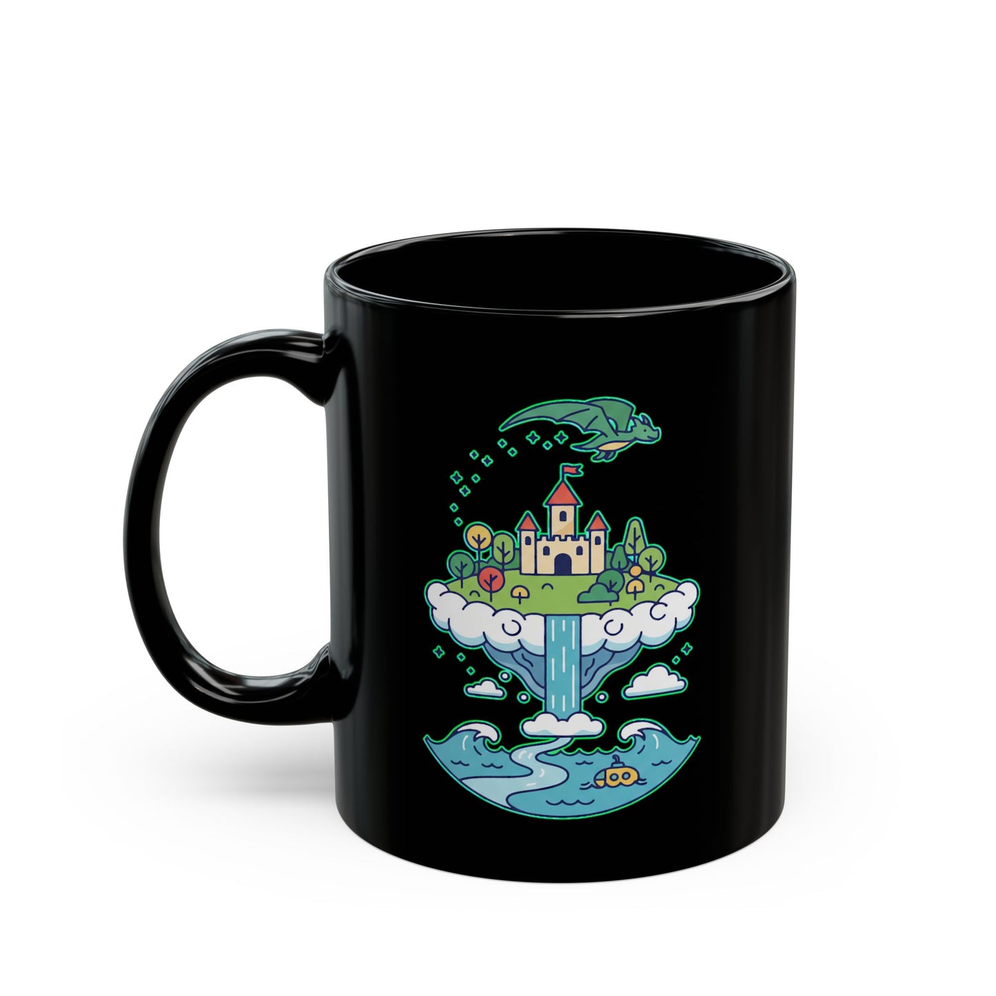 Floating Castle Dragon - Magical Fantasy Island - Black Mug