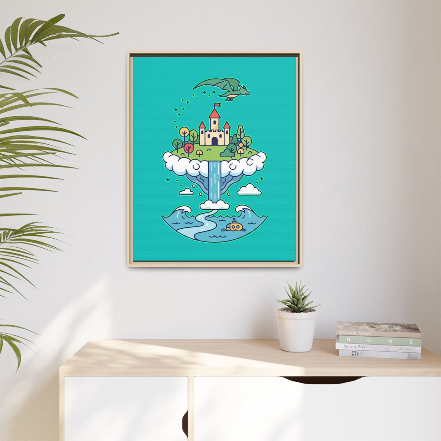 Floating Castle Dragon - Magical Fantasy Island - Framed Canvas