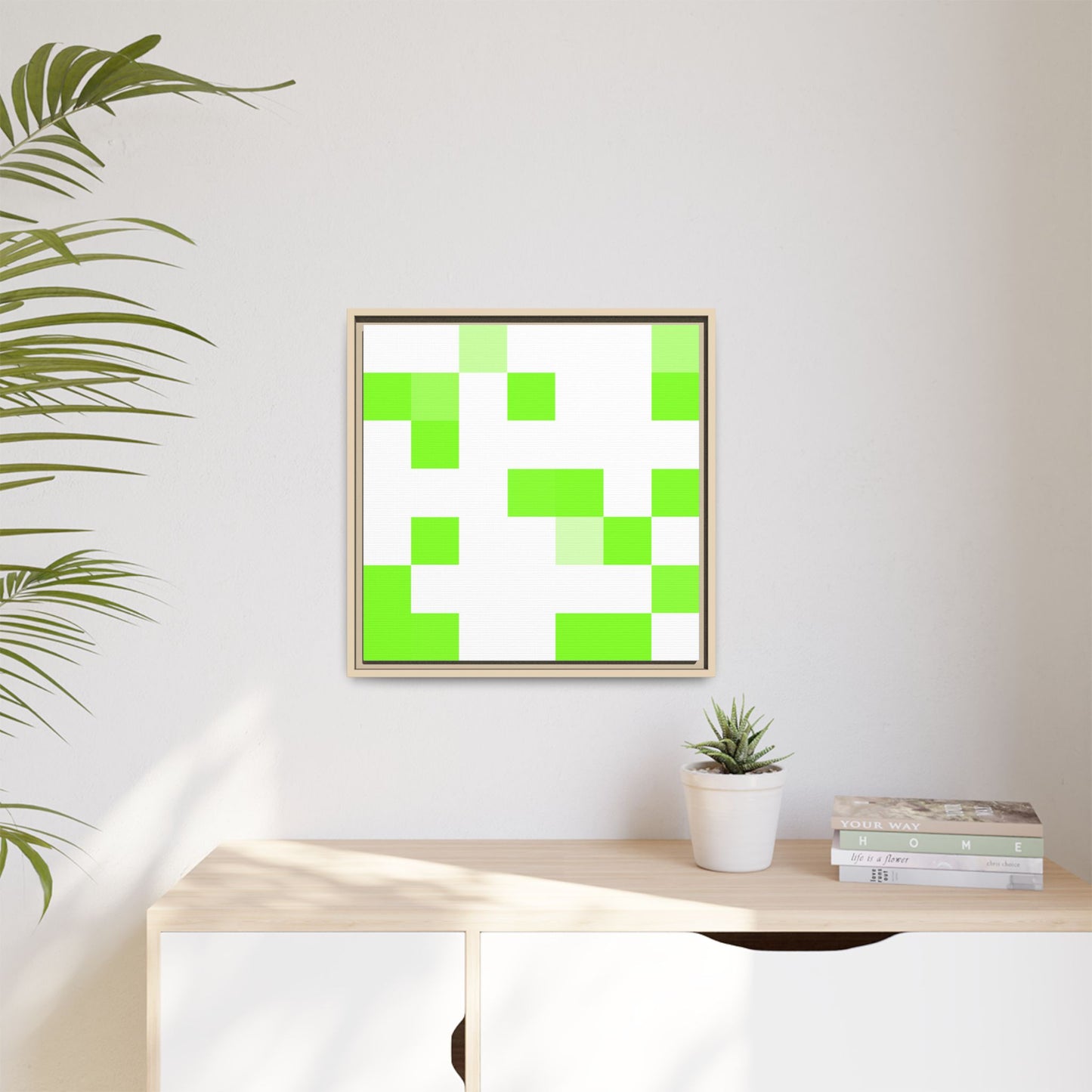 Lime Green Pixel Grid - Framed Canvas