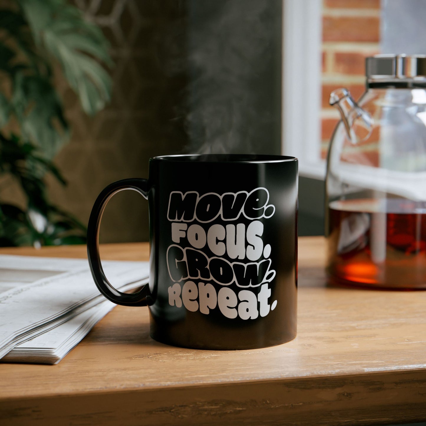 Move. Focus. Grow. Repeat. - Black Mug