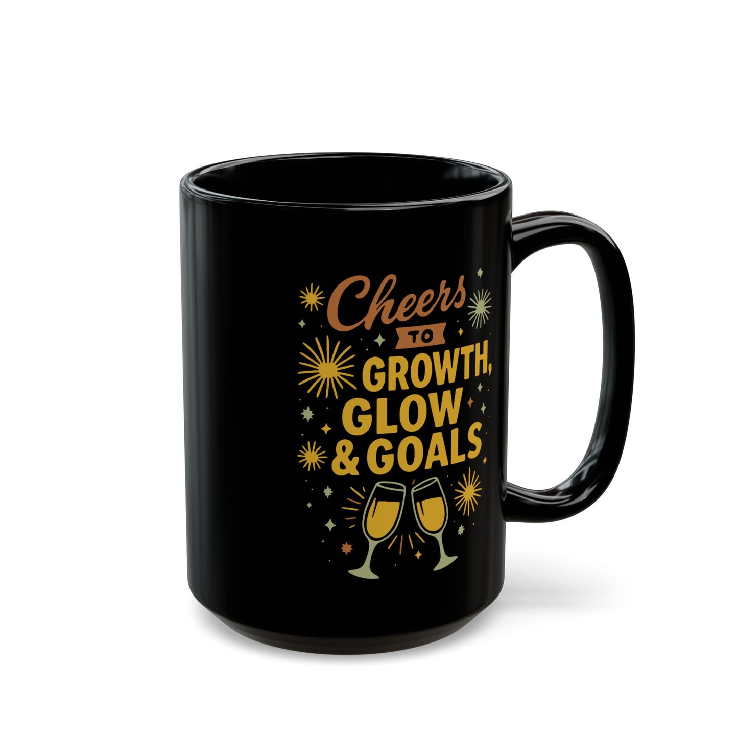 Cheers to Growth Black Mug, Motivational Coffee Cup for Success, Perfect for New Year, Birthdays, or Office Gifts