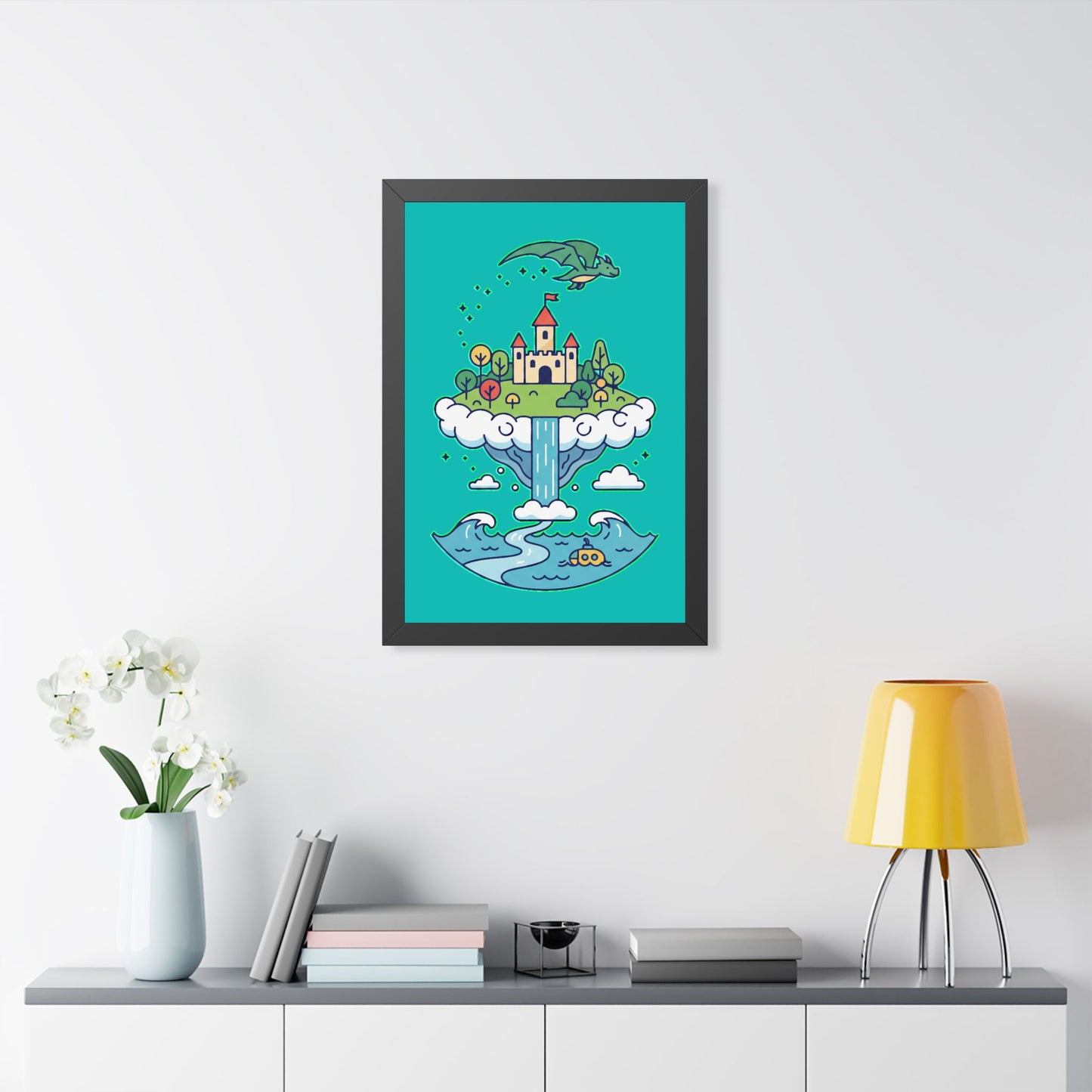Floating Castle Dragon - Magical Fantasy Island - Framed Poster