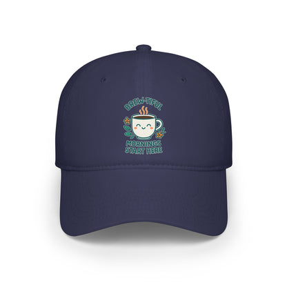 Stylish Low Profile Baseball Cap with Unique "Brew-tiful Morning Start Here" Design, Casual Hat, Fashion Accessory, Outdoor Gear, Gift for Him/Her