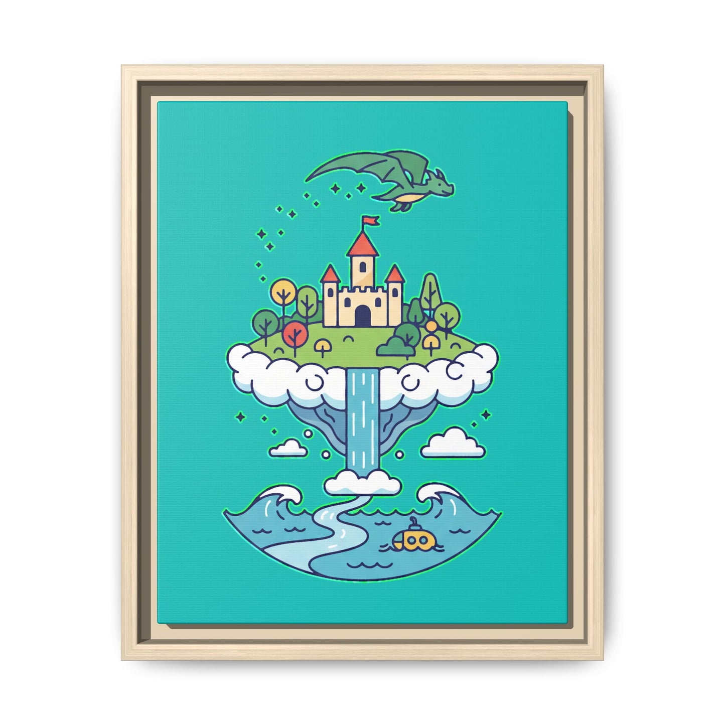 Floating Castle Dragon - Magical Fantasy Island - Framed Canvas