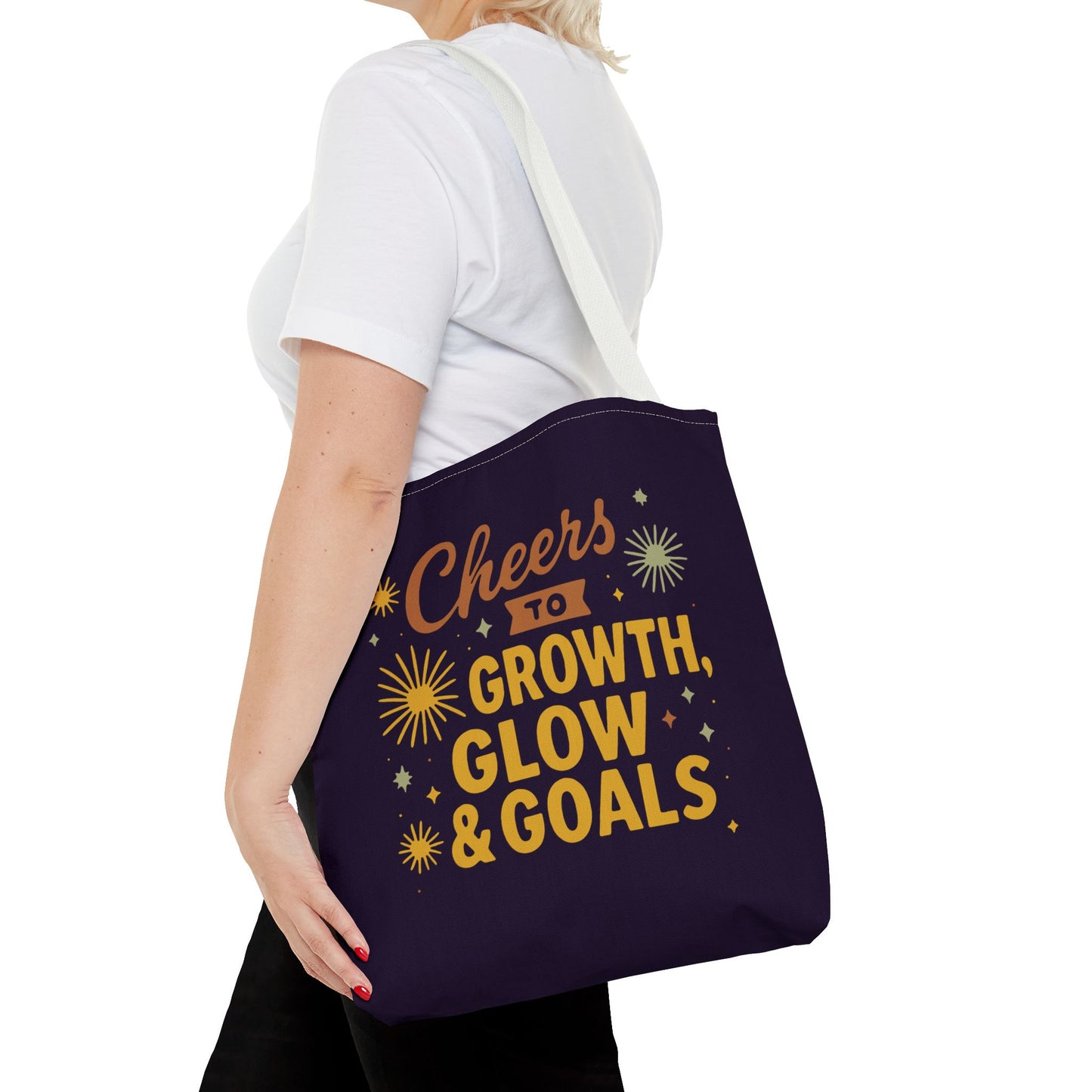 Cheers to Growth Tote Bag, Motivational Gift for Goals, Daily Use, Eco-Friendly Shopping, Inspirational Quotes, New Year's Vibes