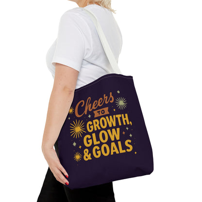 Cheers to Growth Tote Bag, Motivational Gift for Goals, Daily Use, Eco-Friendly Shopping, Inspirational Quotes, New Year's Vibes