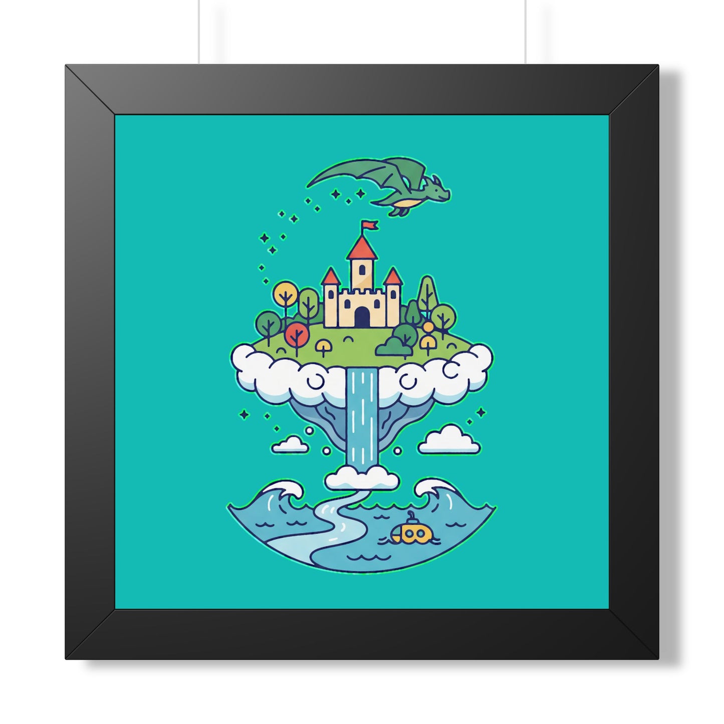 Floating Castle Dragon - Magical Fantasy Island - Framed Poster