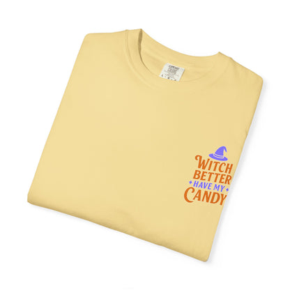 Halloween Candy T-shirt, Unisex Garment-Dyed T-shirt, Spooky Season Apparel, Fall Fashion, Trick or Treat Shirt, Cute Halloween Tee