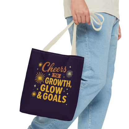 Cheers to Growth Tote Bag, Motivational Gift for Goals, Daily Use, Eco-Friendly Shopping, Inspirational Quotes, New Year's Vibes