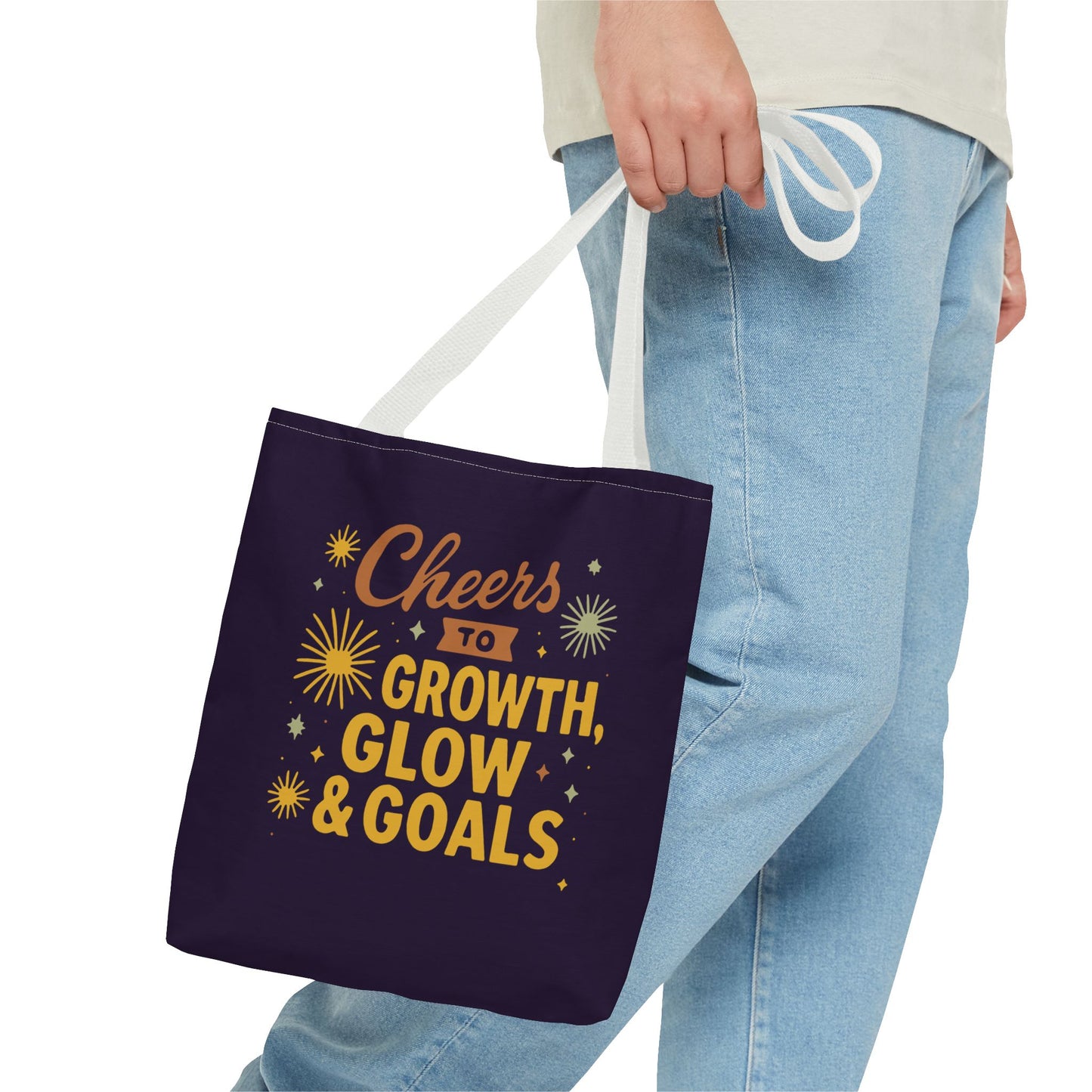 Cheers to Growth Tote Bag, Motivational Gift for Goals, Daily Use, Eco-Friendly Shopping, Inspirational Quotes, New Year's Vibes