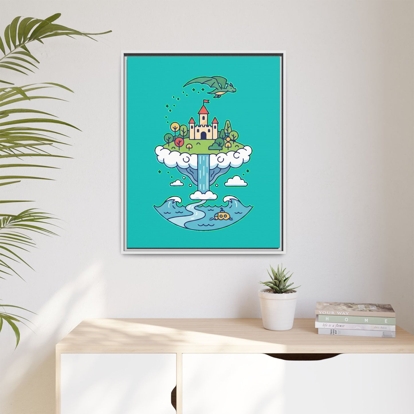 Floating Castle Dragon - Magical Fantasy Island - Framed Canvas