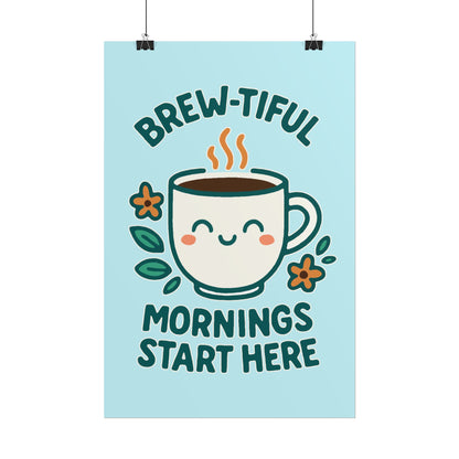 Charming Coffee Wall Art Print, Cute Brew-tiful Mornings Poster, Kitchen Decor, Gift for Coffee Lovers, Hygge Home Style