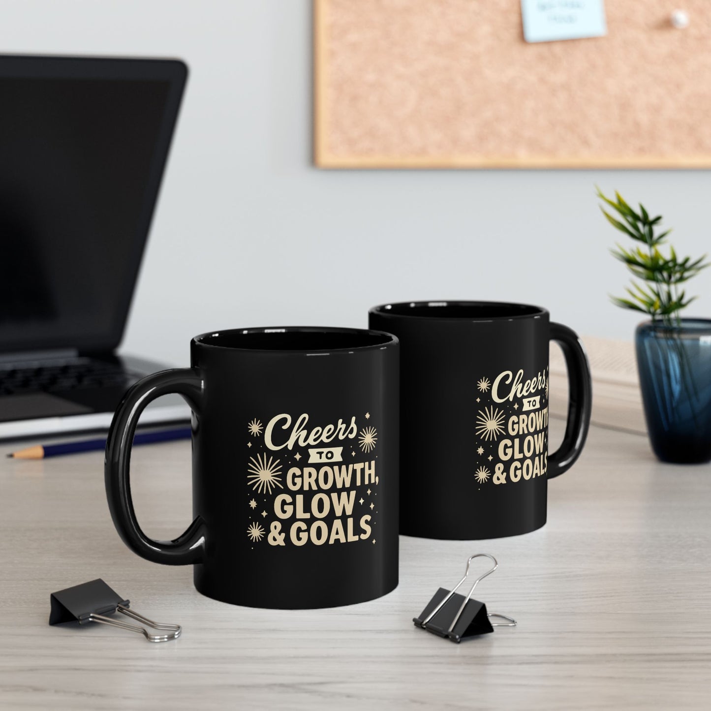 Cheers to Growth, Glow & Goals - Black Mug