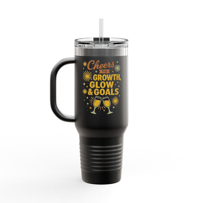 Cheers to Growth Insulated Travel Mug, 40oz, Motivational Gift for Friends, Birthday Coffee Tumbler, Inspirational Drinkware, New Year Vibes
