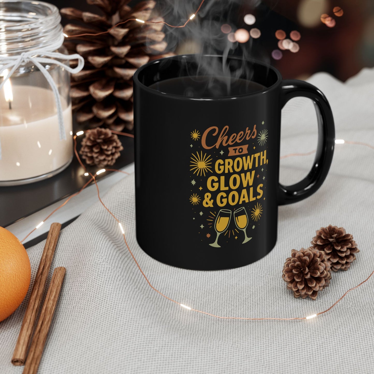 Cheers to Growth Black Mug, Motivational Coffee Cup for Success, Perfect for New Year, Birthdays, or Office Gifts