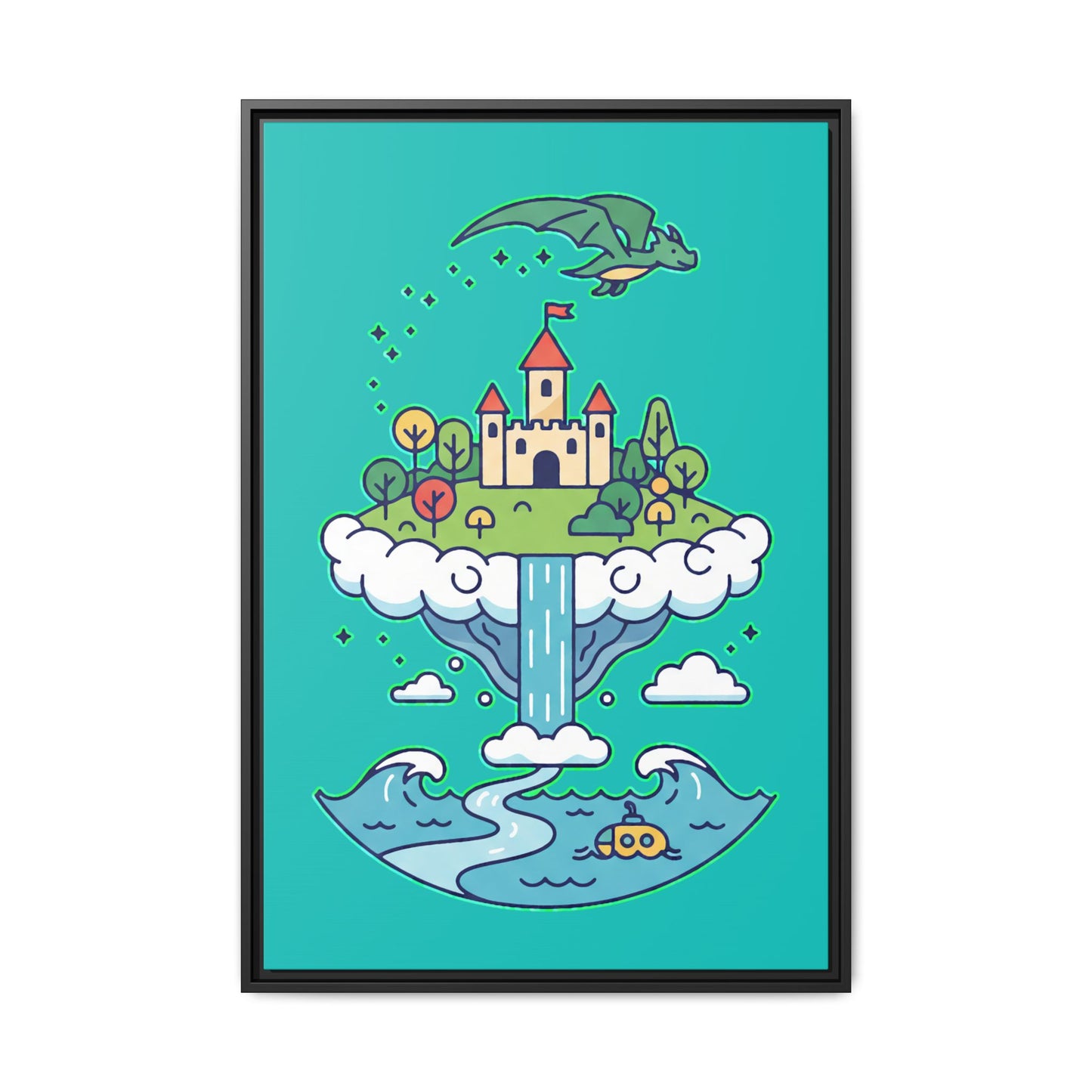 Floating Castle Dragon - Magical Fantasy Island - Framed Canvas