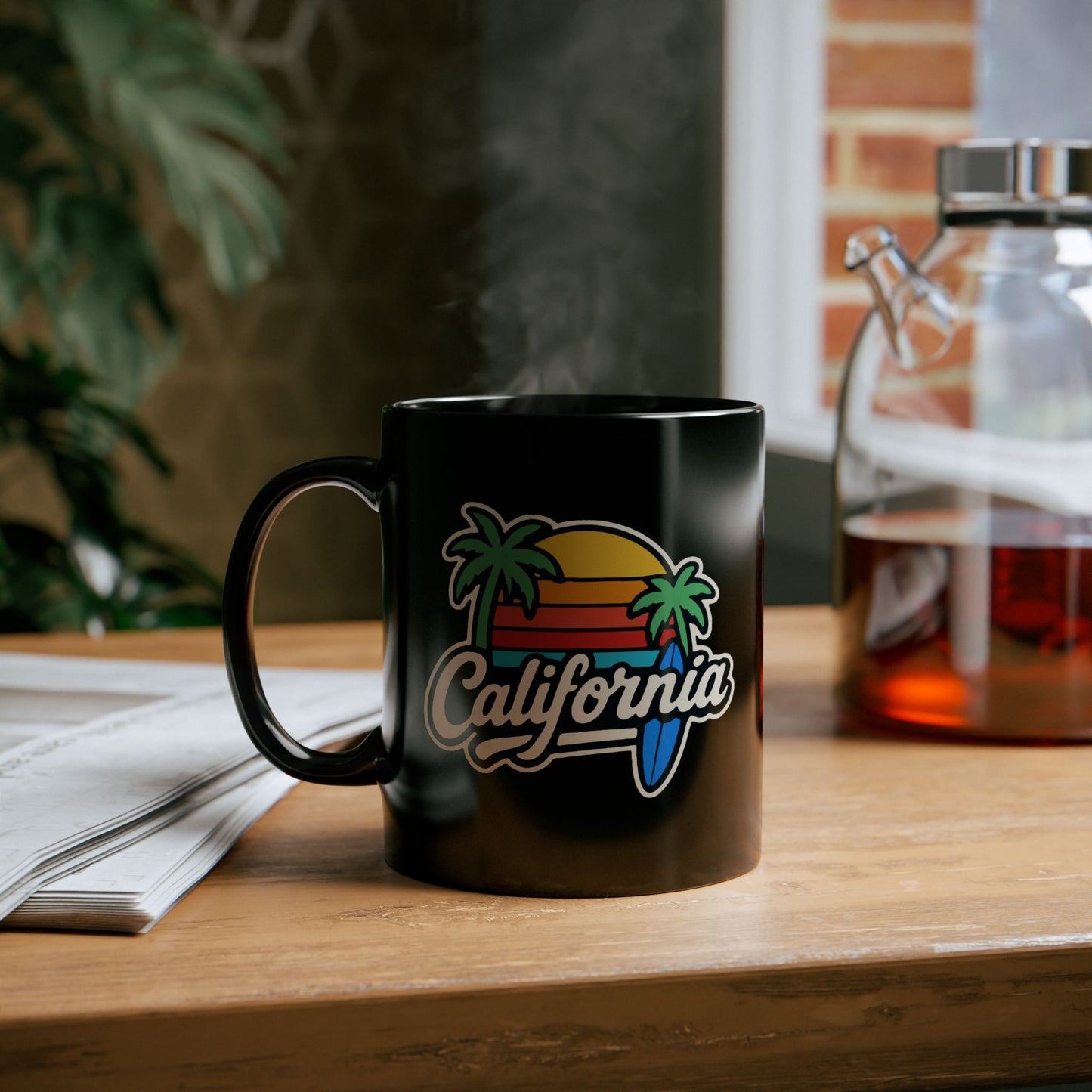 California Vibe Black Mug, Surfing Coffee Cup, Beach Lover Gift, Tropical Home Decor, Summer Drinkware, Gift for Surfers