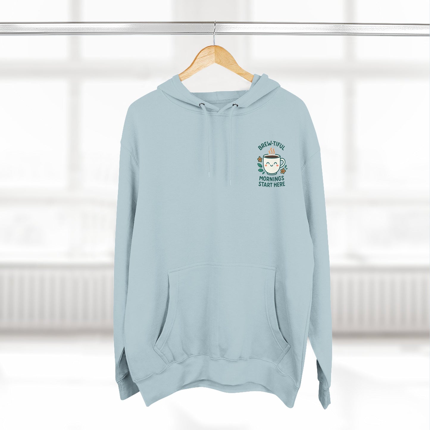 Brew-tiful Mornings Start Here, Cozy Three-Panel Fleece Hoodie, Perfect for Fall, Casual Outfit, Gift for Her, Layering Essential, Relaxed Style