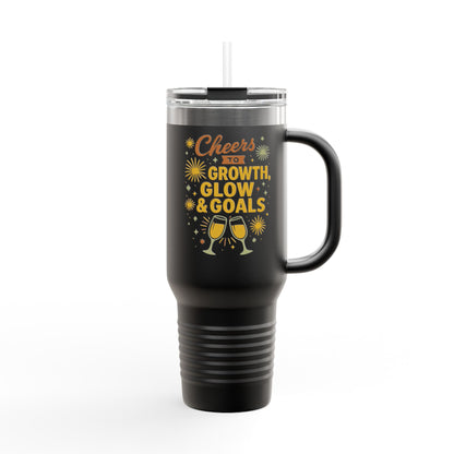 Cheers to Growth Insulated Travel Mug, 40oz, Motivational Gift for Friends, Birthday Coffee Tumbler, Inspirational Drinkware, New Year Vibes
