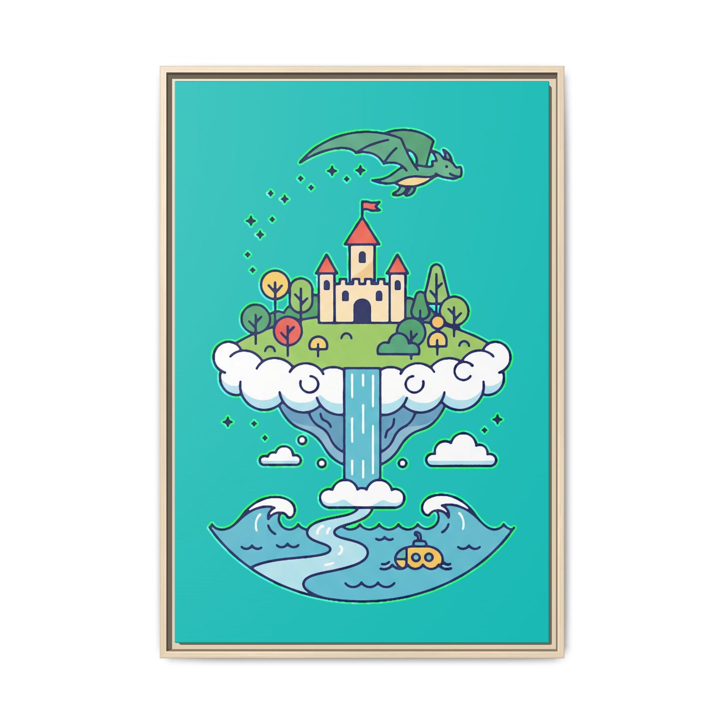 Floating Castle Dragon - Magical Fantasy Island - Framed Canvas
