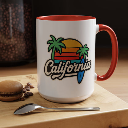 California Surf Vibes Accent Coffee Mug - Great for Beach Lovers, Gift for Surfers, Vacation Memento, Summer Collections, Retro Style