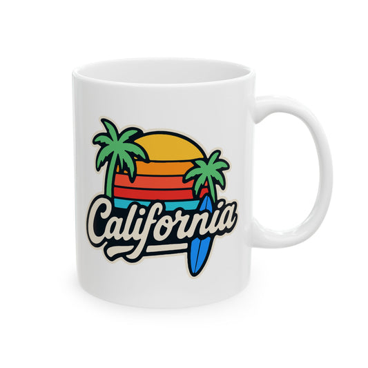 California Sunset Ceramic Mug, Tropical Beach Coffee Cup, Gift for Surf Lovers, Palm Tree Decor, Vacation Vibes