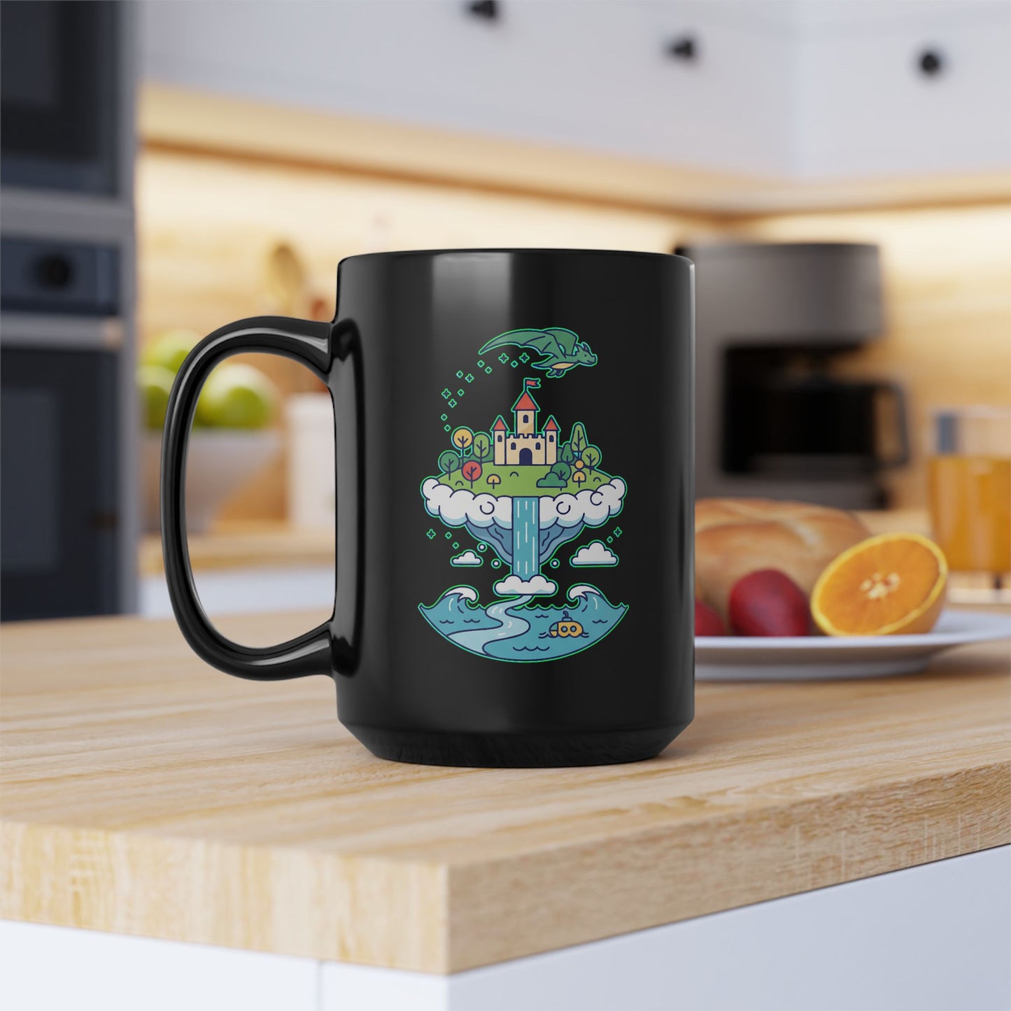 Floating Castle Dragon - Magical Fantasy Island - Black Mug