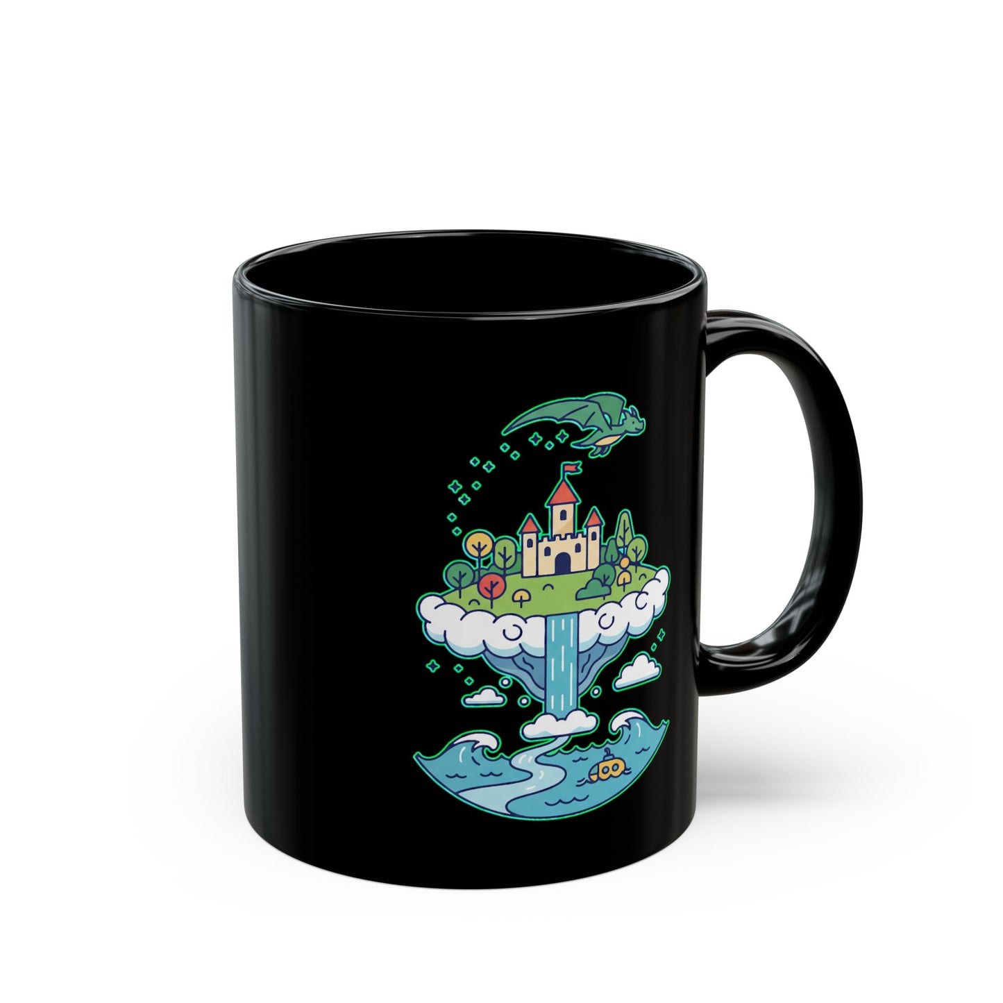 Floating Castle Dragon - Magical Fantasy Island - Black Mug