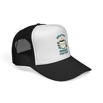 Coffee Lovers Trucker Cap, Brew-tiful Mornings Start Here, Coffee Hat