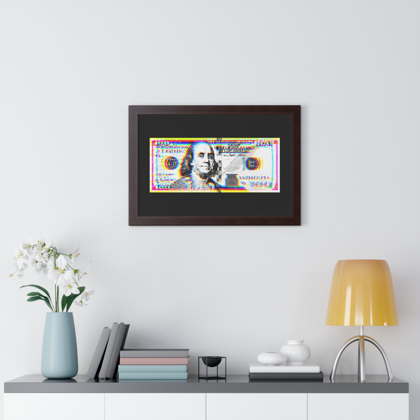 100 Dollars Bill - Neon Color Explosion - Framed Poster