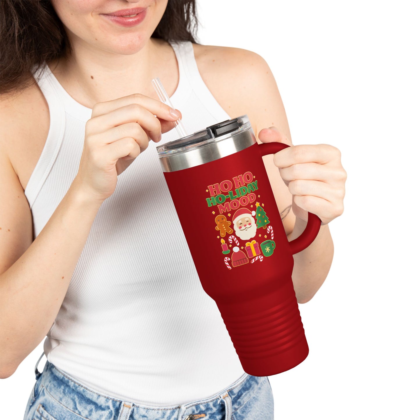 Festive Insulated Travel Mug, Ho Ho Ho-liday Mood, Christmas Coffee Cup, Travel Drinkware, Holiday Gift, Winter Mugs