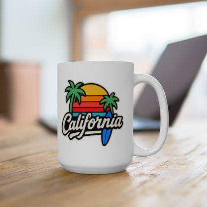 California Sunset Ceramic Mug, Tropical Beach Coffee Cup, Gift for Surf Lovers, Palm Tree Decor, Vacation Vibes
