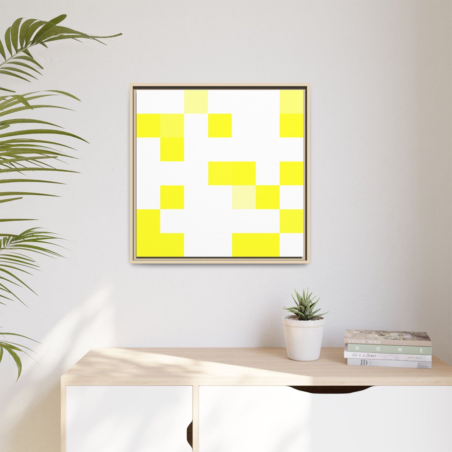 Yellow Pixel Grid - Framed Canvas
