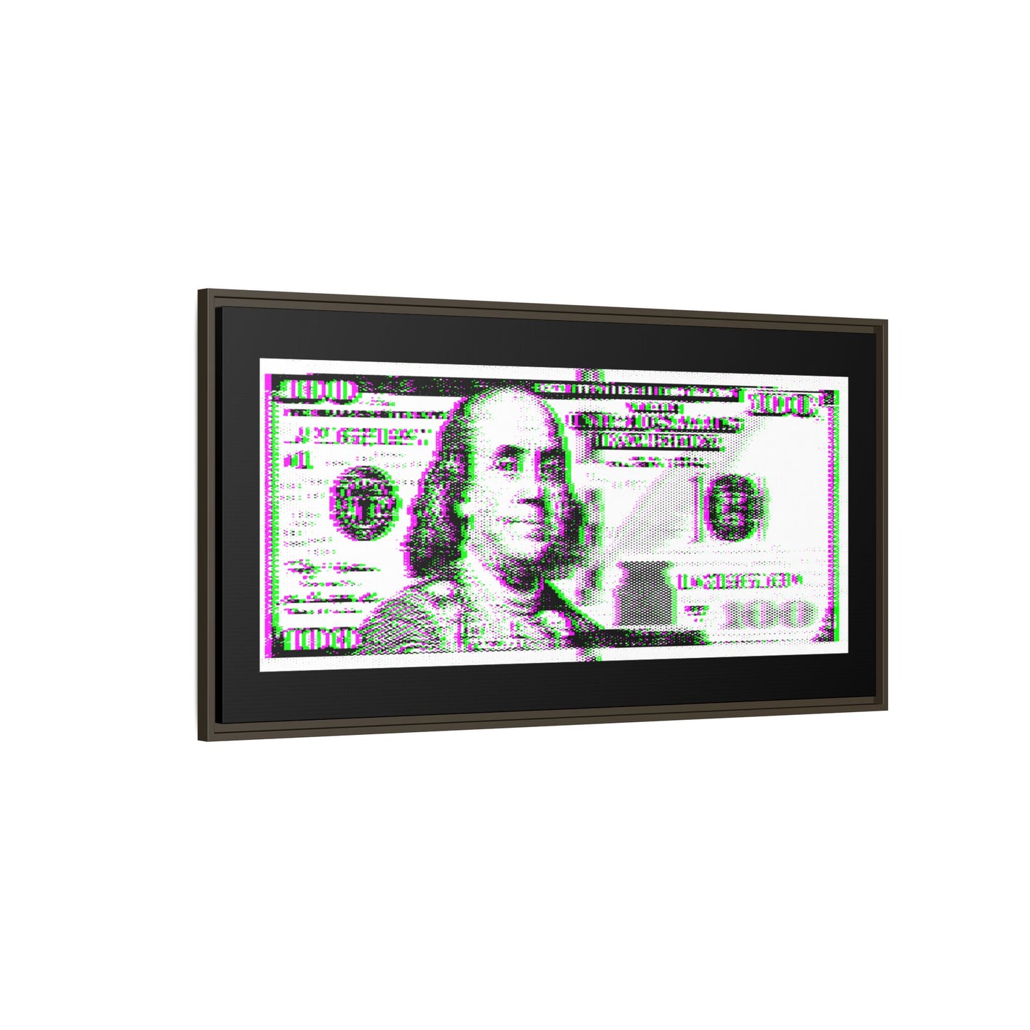 100 Dollars Bill - Green/Magenta Glitch - Framed Canvas