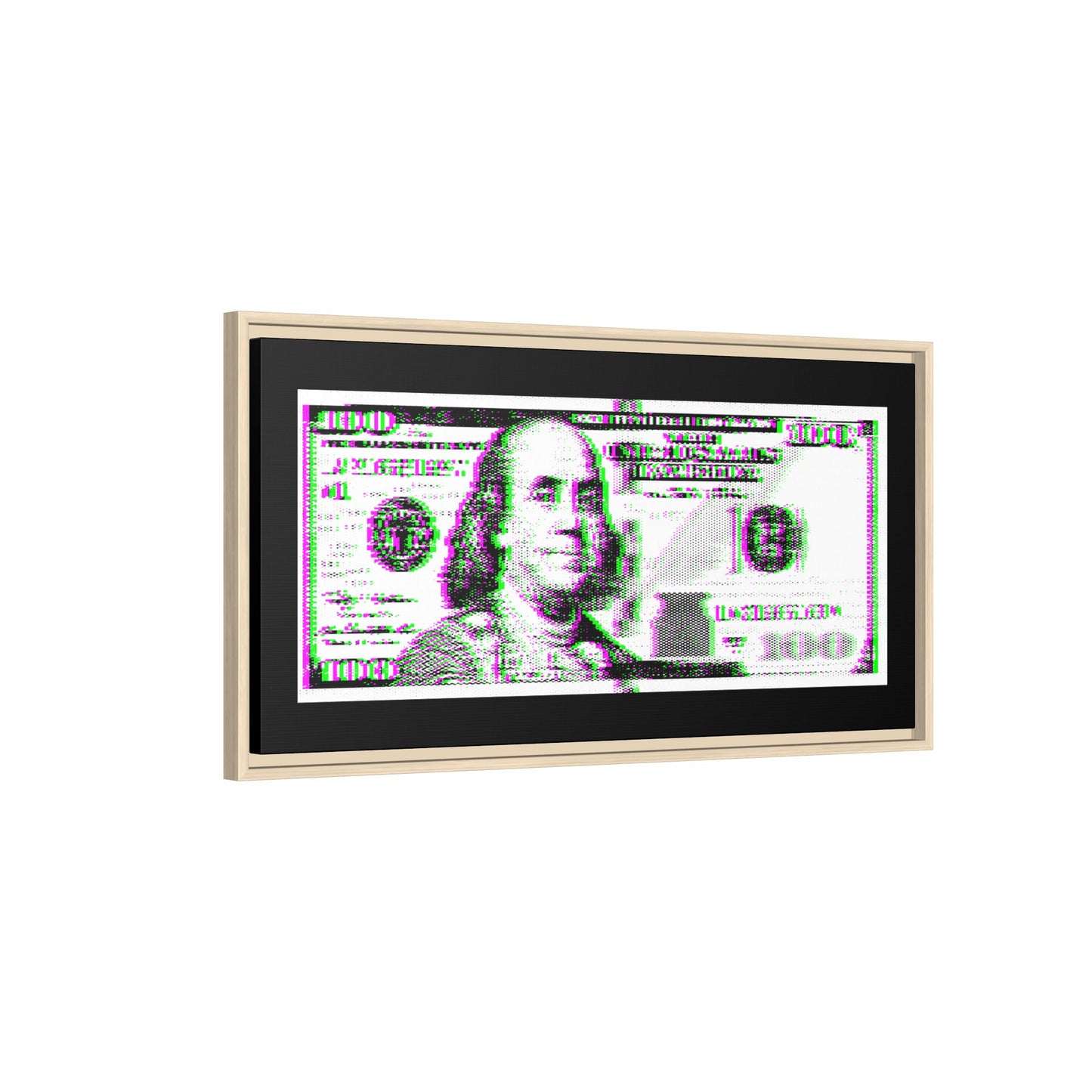 100 Dollars Bill - Green/Magenta Glitch - Framed Canvas