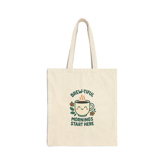Brew-tiful Mornings Tote Bag, Eco-Friendly Grocery Bag, Coffee Lover Gift, Cute Canvas Carryall, Reusable Shopping Tote