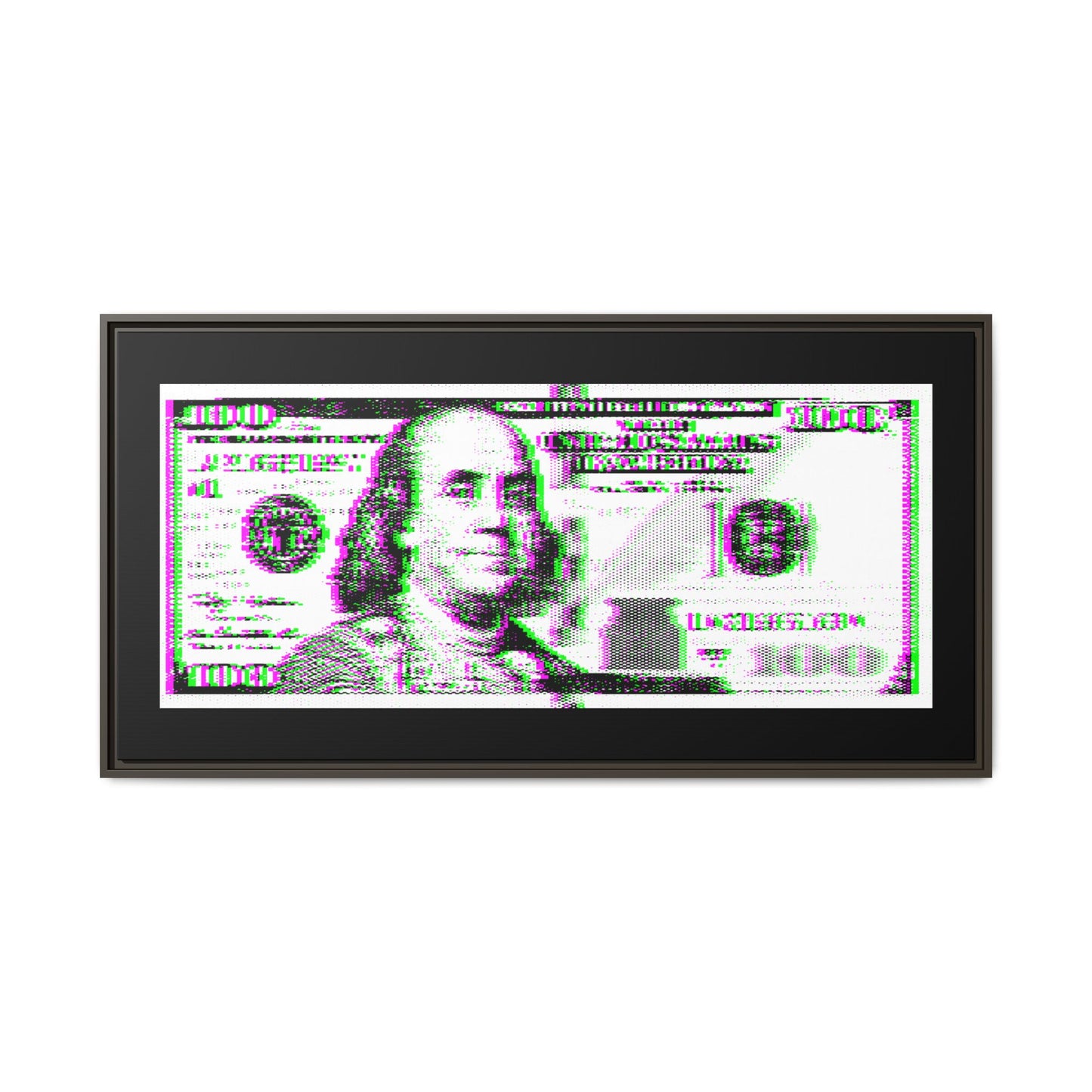 100 Dollars Bill - Green/Magenta Glitch - Framed Canvas