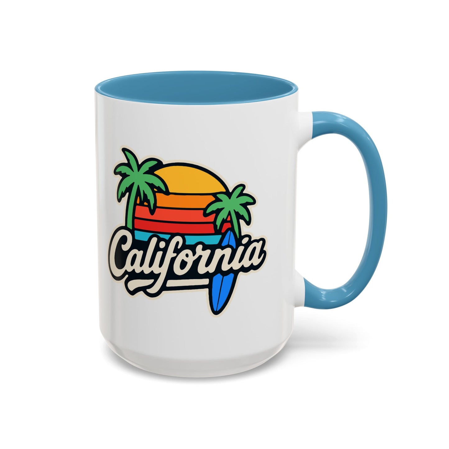 California Surf Vibes Accent Coffee Mug - Great for Beach Lovers, Gift for Surfers, Vacation Memento, Summer Collections, Retro Style