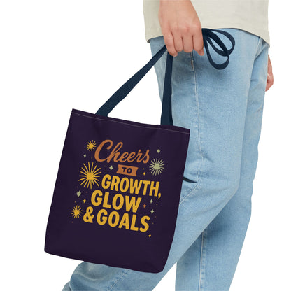 Cheers to Growth Tote Bag, Motivational Gift for Goals, Daily Use, Eco-Friendly Shopping, Inspirational Quotes, New Year's Vibes