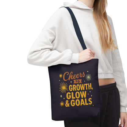 Cheers to Growth Tote Bag, Motivational Gift for Goals, Daily Use, Eco-Friendly Shopping, Inspirational Quotes, New Year's Vibes