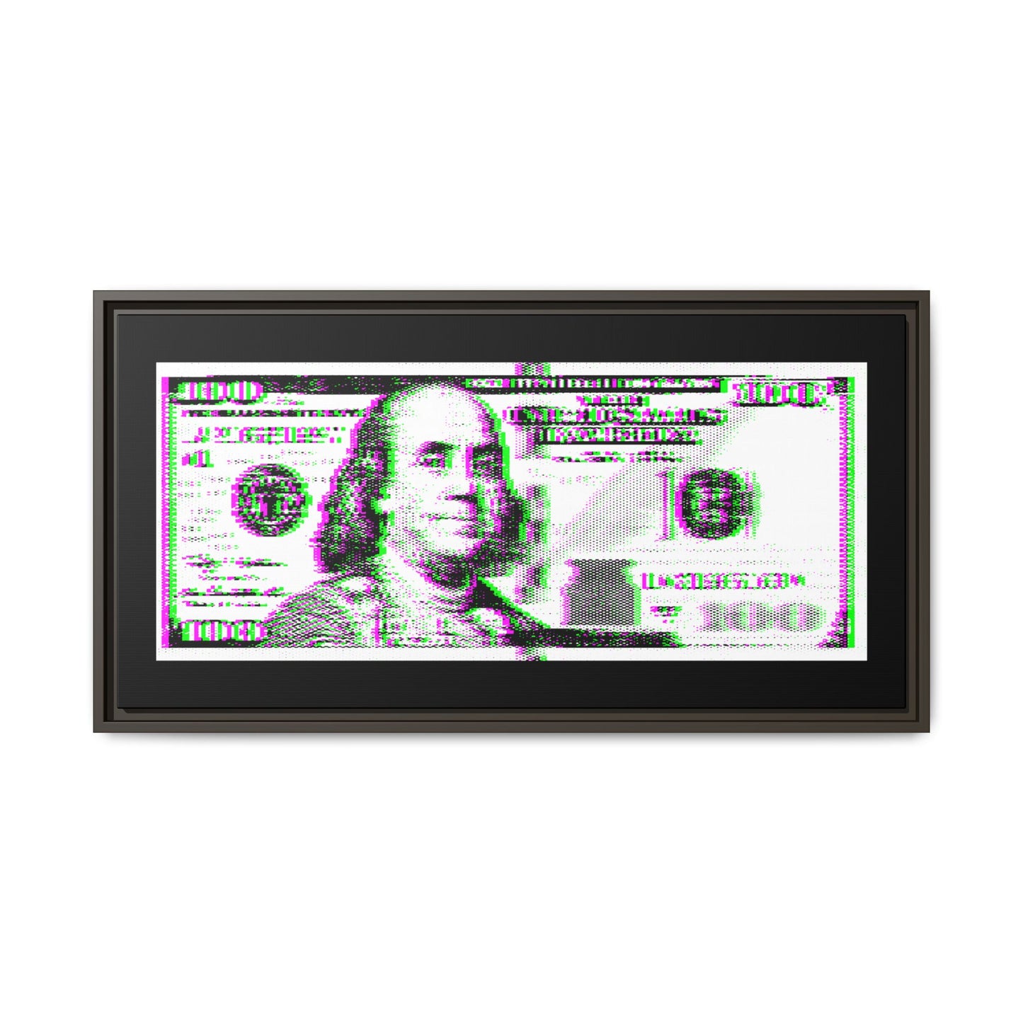 100 Dollars Bill - Green/Magenta Glitch - Framed Canvas