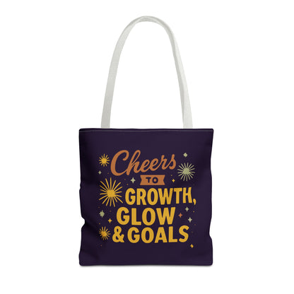 Cheers to Growth Tote Bag, Motivational Gift for Goals, Daily Use, Eco-Friendly Shopping, Inspirational Quotes, New Year's Vibes