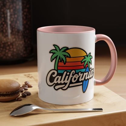 California Surf Vibes Accent Coffee Mug - Great for Beach Lovers, Gift for Surfers, Vacation Memento, Summer Collections, Retro Style