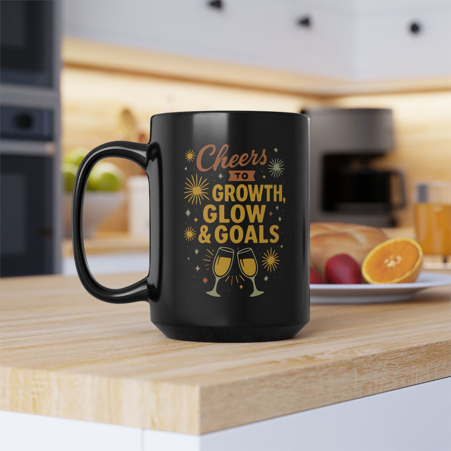 Cheers to Growth Black Mug, Motivational Coffee Cup for Success, Perfect for New Year, Birthdays, or Office Gifts