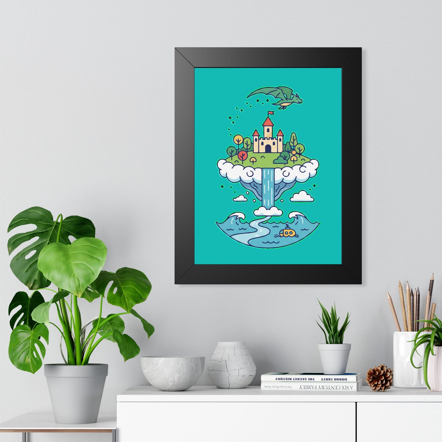 Floating Castle Dragon - Magical Fantasy Island - Framed Poster