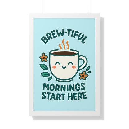 Cute Coffee Wall Art, Brew-tiful Mornings Poster, Kitchen Decor, Gift for Coffee Lovers, Floral Artwork, Home Office Print